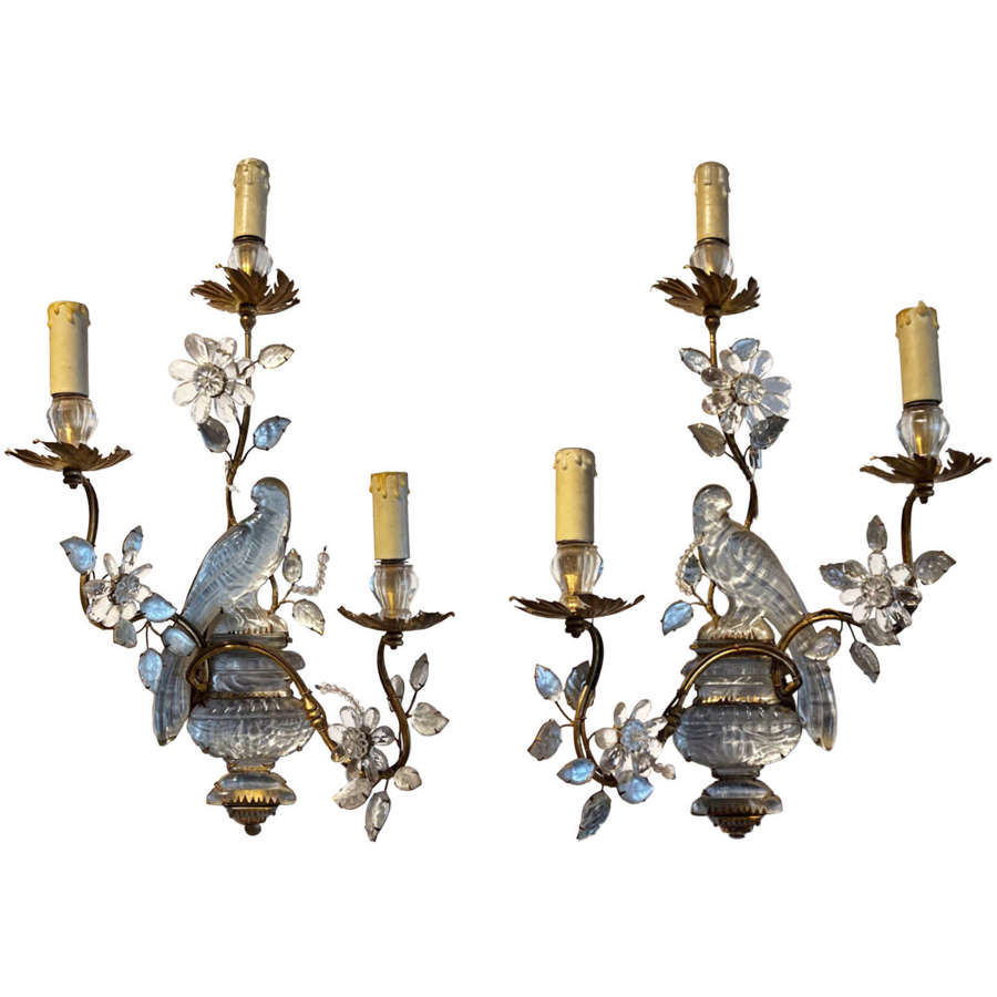 Large Pair of Maison Baguès Wall Sconces With Parrot, Urns & 3 Torches