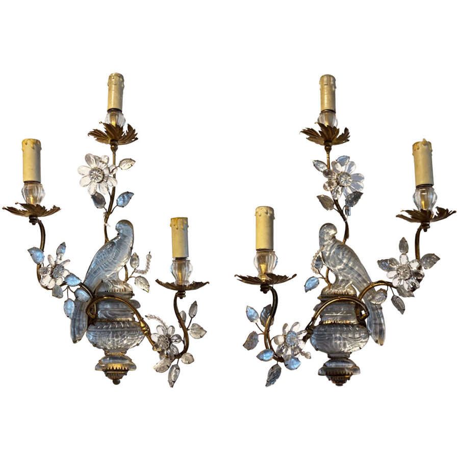 Large Pair of Maison Bagu&egrave;s Wall Sconces With Parrot, Urns & 3 Torches