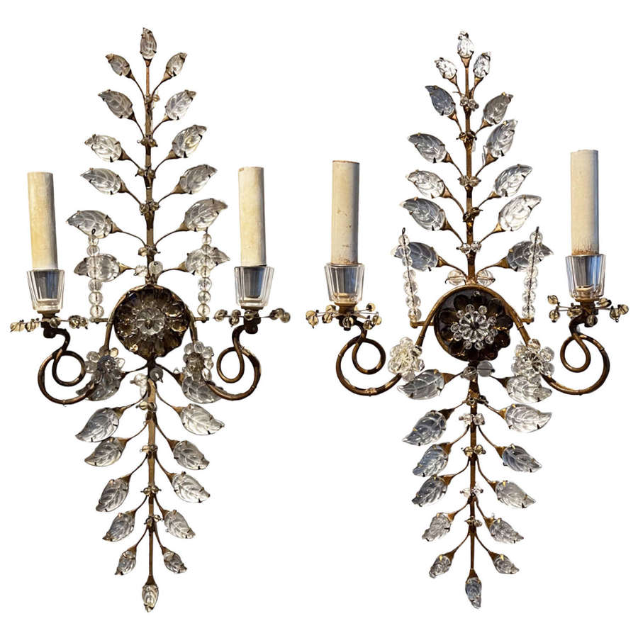 Large Pair of Maison Baguès Style Wall Sconces With Flowers and Leaves