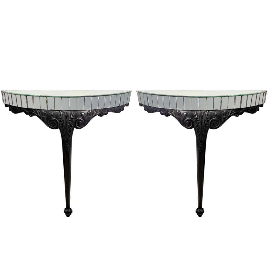Pair of Ebonised Carved Wood & Mirror Console Tables