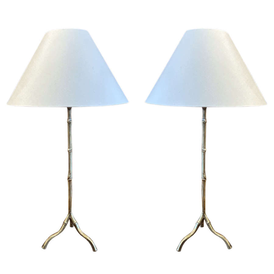 Pair of 1960s French Faux Bamboo Brass Table Lamps