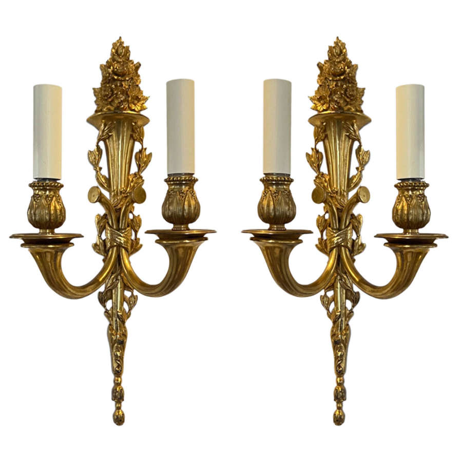 Pair of Gilt Brass French 1950s Wall Sconces - Two Pairs Available
