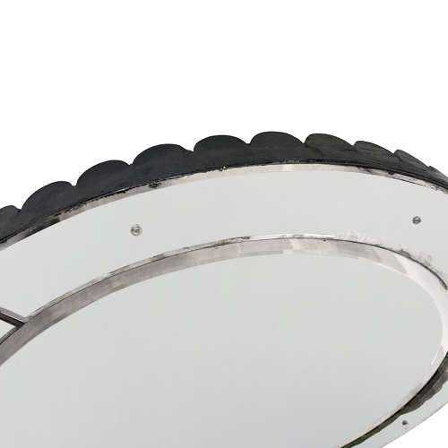Large French 1920s Round Mirror With Ebonised Scalloped Edge