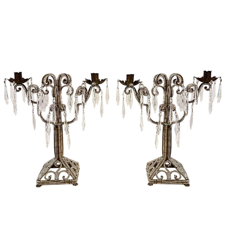 Pair of 1920s Beaded Italian Candlesticks Converted to Lamps