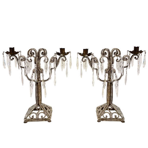 Pair of 1920s Beaded Italian Candlesticks Converted to Lamps