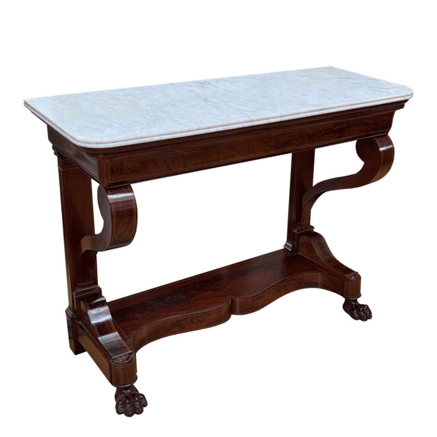 French 19th C Mahogany Console Table, Marble Top & Cushion Drawer