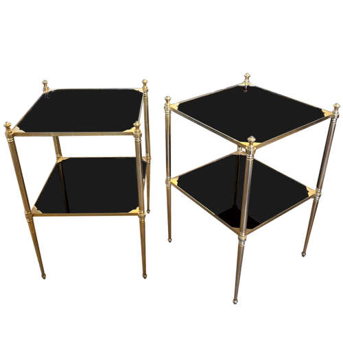 Pair of French Midcentury Side Tables With Black Glass