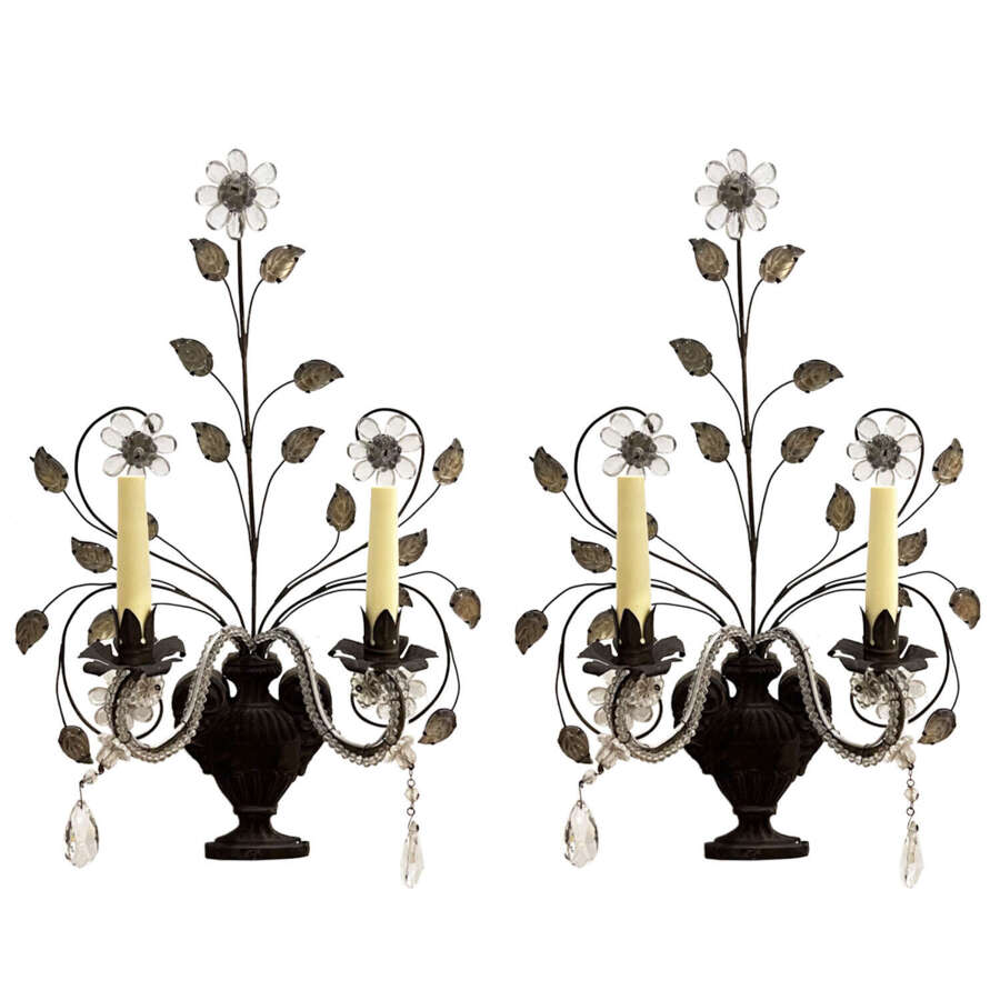 Pair of 1920s Bagu&egrave;s Style Wall Sconces With Leaves and Flowers