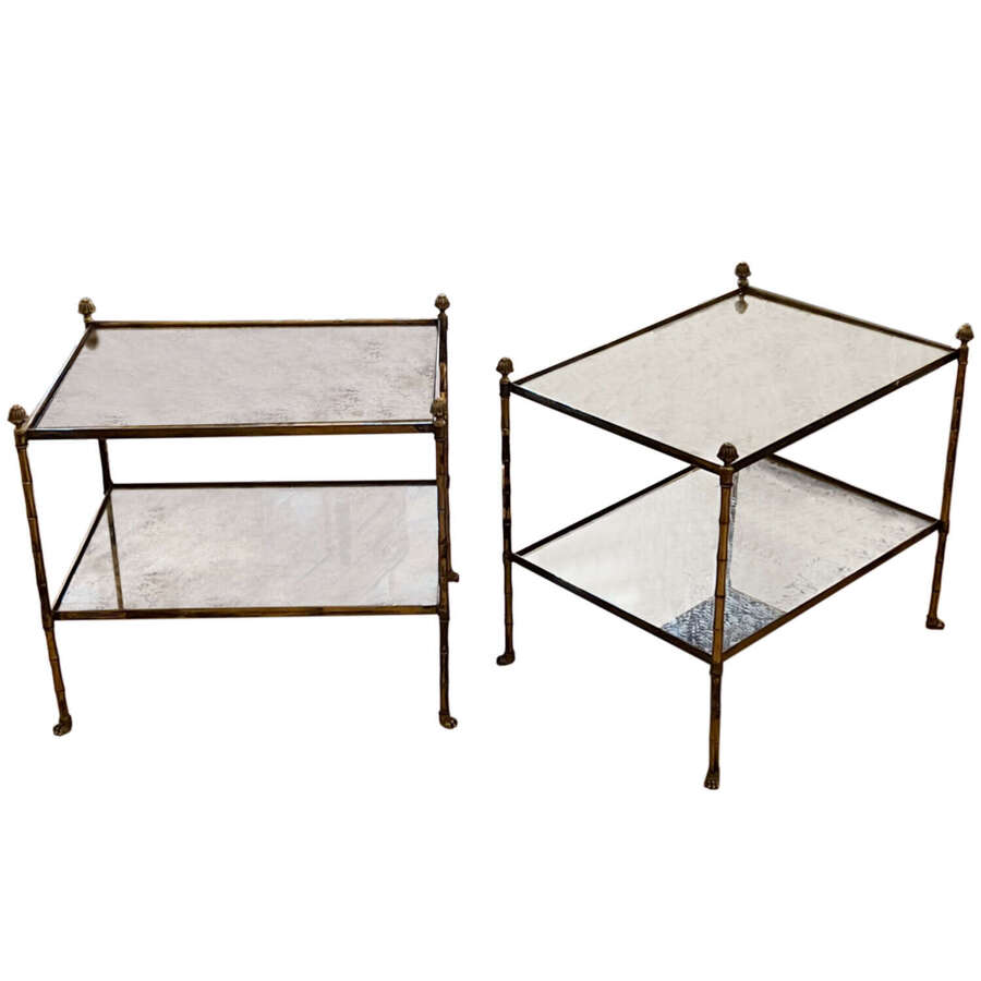 Pair of Brass 1950s French Side Tables with Eglomise Glass & Paw Feet