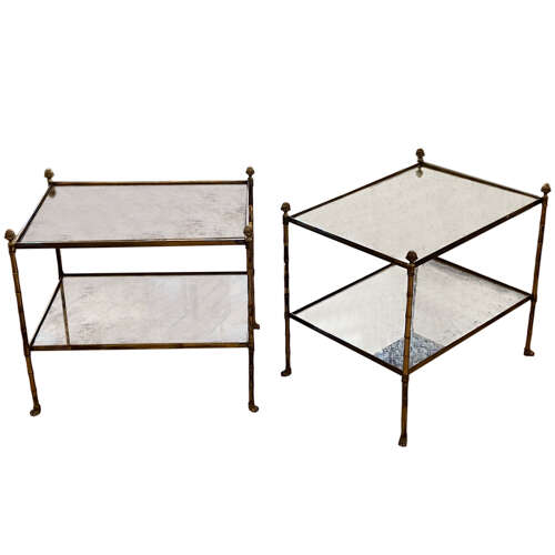 Pair of Brass 1950s French Side Tables with Eglomise Glass & Paw Feet