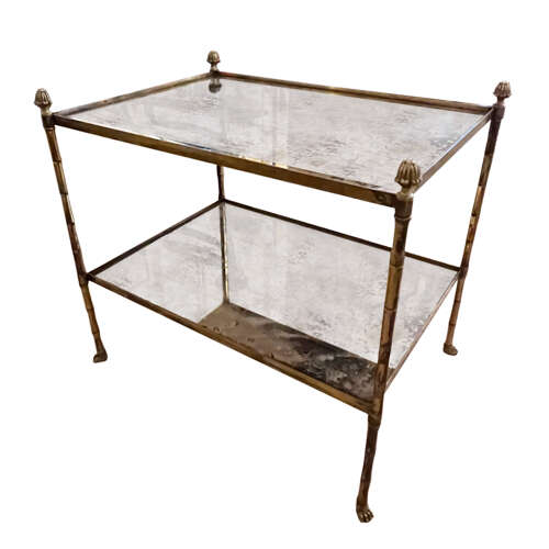 Pair of Brass 1950s French Side Tables with Eglomise Glass & Paw Feet