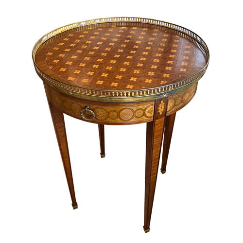 French 19th Century Bouillotte Table With Flower Marquetry & Brass Detail