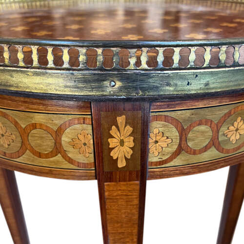 French 19th Century Bouillotte Table With Flower Marquetry & Brass Detail