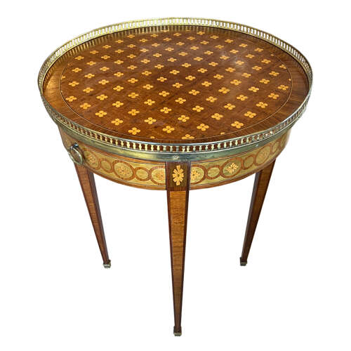 French 19th Century Bouillotte Table With Flower Marquetry & Brass Detail