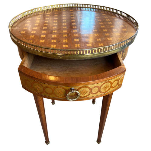 French 19th Century Bouillotte Table With Flower Marquetry & Brass Detail