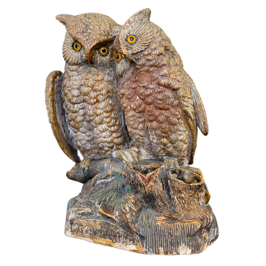 Pair of Decorative Ceramic Owls With a Match Holder and Striker
