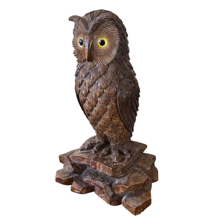 Swiss Black Forest Carved Owl With Glass Eyes, Early 1900s