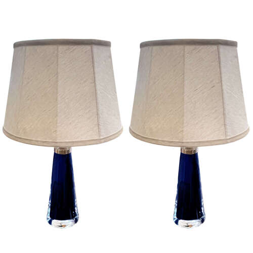 Pair of 1960s Blue Swedish Orrefors Glass Table Lamps