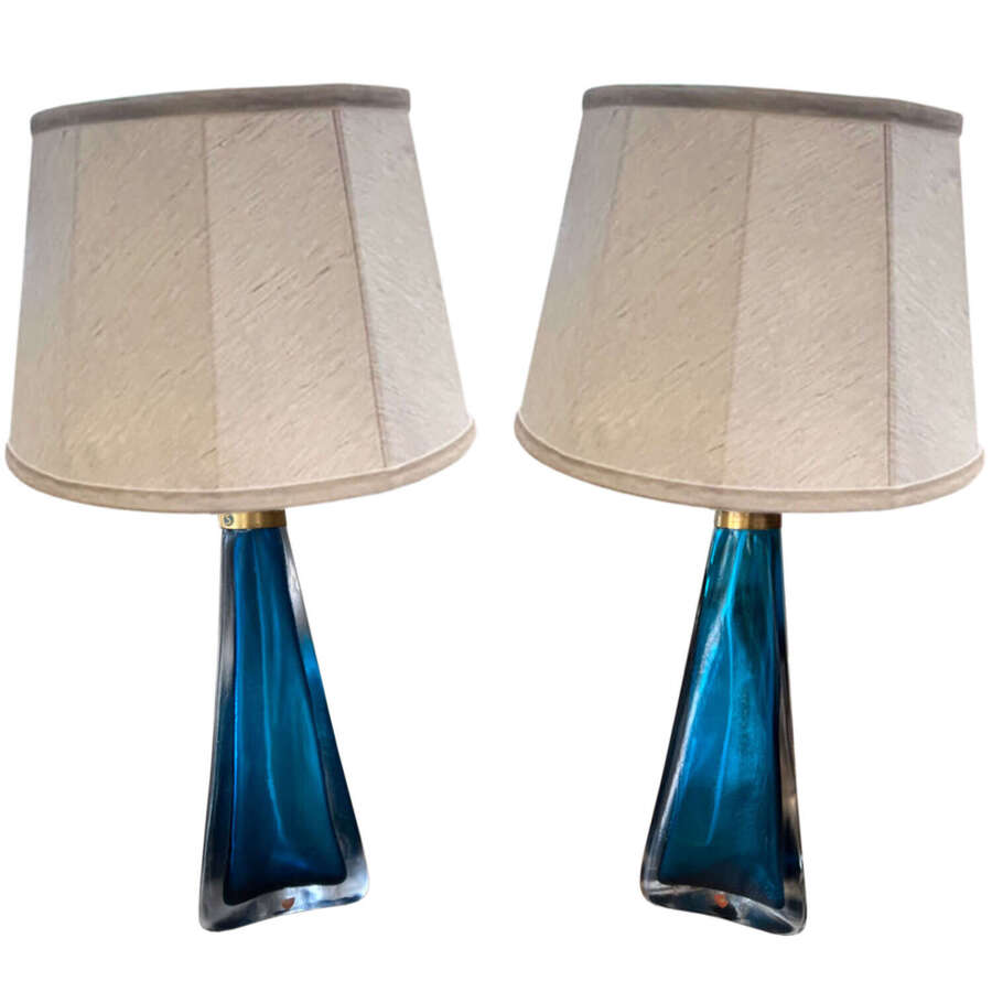 Pair of 1960s Bright Blue Swedish Orrefors Glass Table Lamps