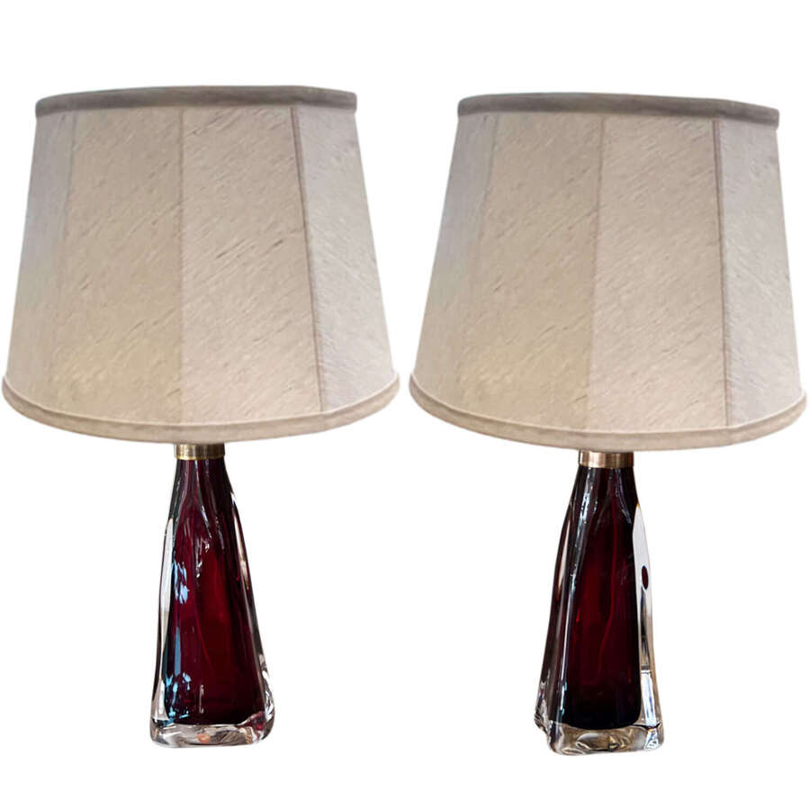 Pair of 1960s Bright Red Swedish Orrefors Glass Table Lamps