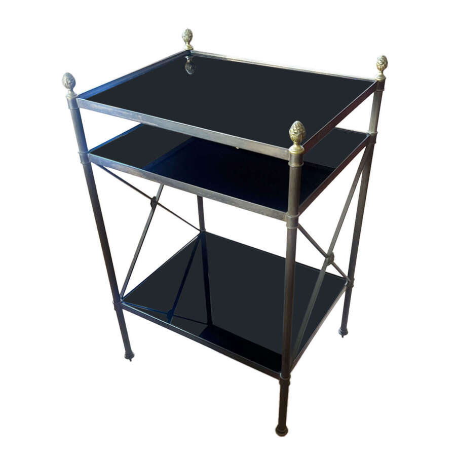 Single French Midcentury Three Tier Table with Black Glass