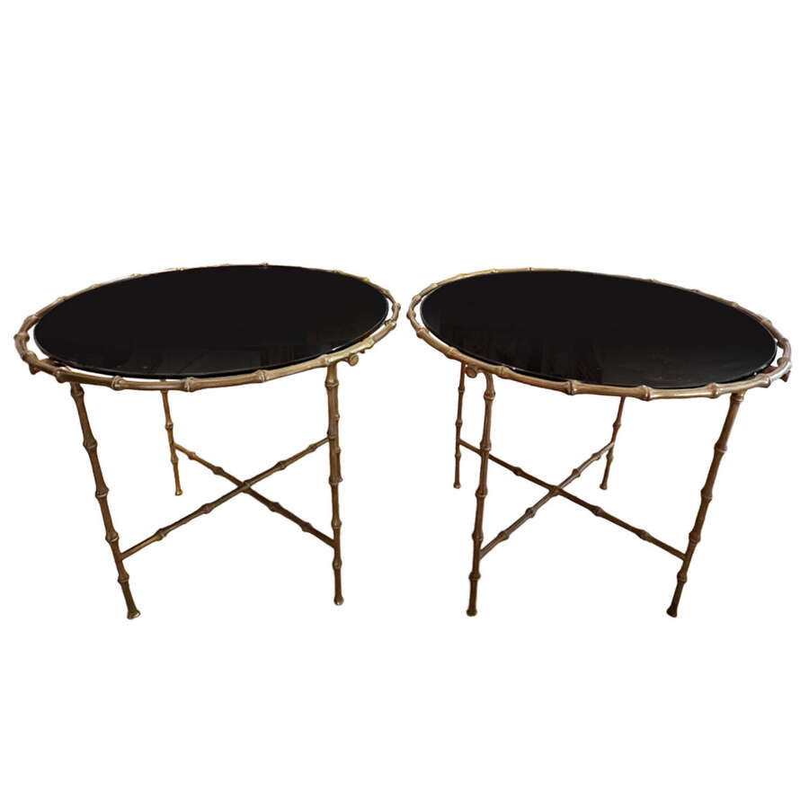 Pair of French 1960s Round Faux Bamboo Brass and Black Glass Side Tables