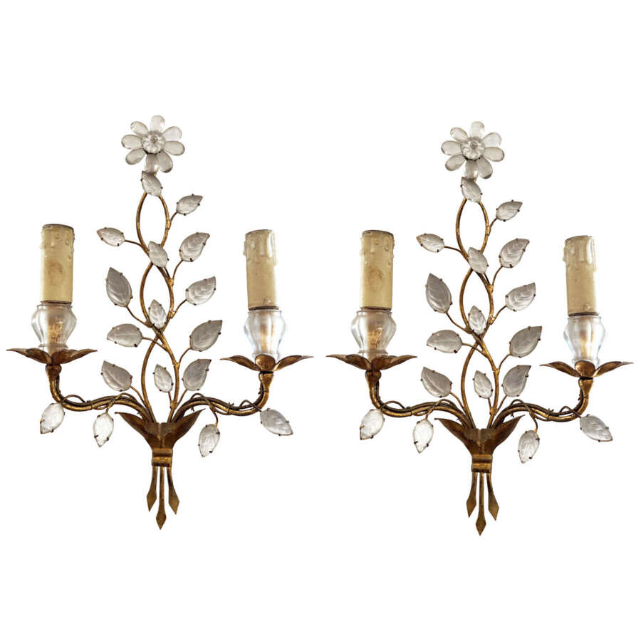 Pair of 1950s Maison Bagu&egrave;s Wall Sconces With Flowers and Leaves