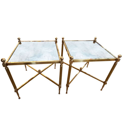Pair of French Midcentury Low Single Tier Side Tables with Eglomise Glass