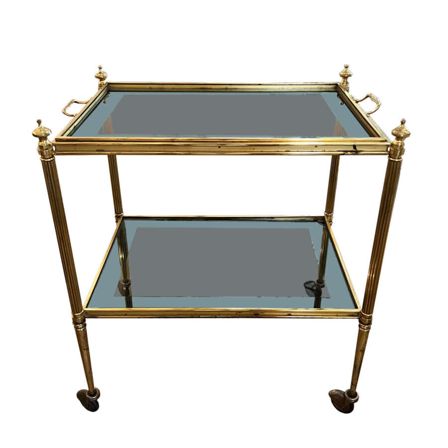 Small Lacquered Brass French 1960s Bar Cart With Lifting Tray