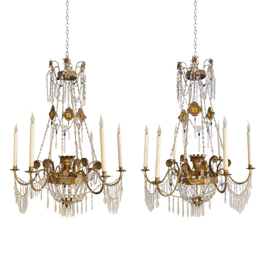 Pair of Italian 1960s Decorative Chandeliers With Gilt Metal And Coloured Glass