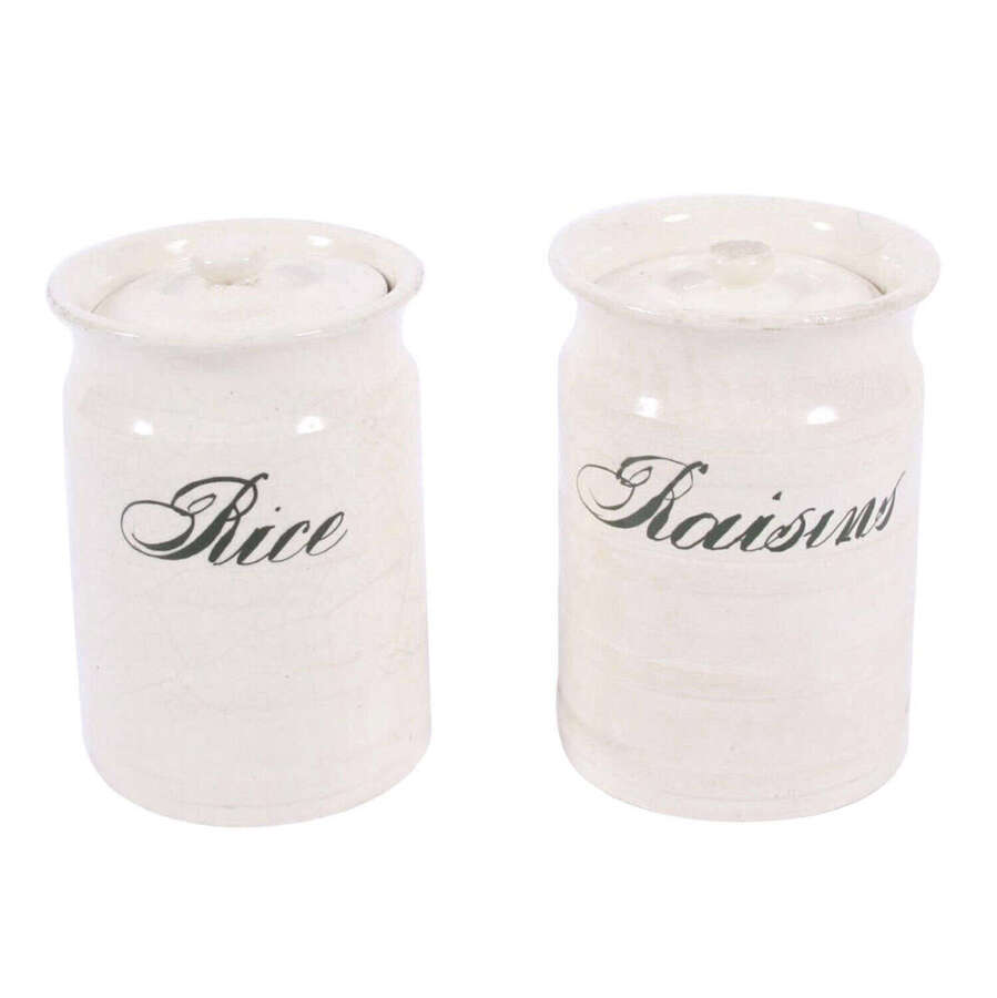 English Early 20Th Century Rice And Raisin Ceramic Jars With Green Writing
