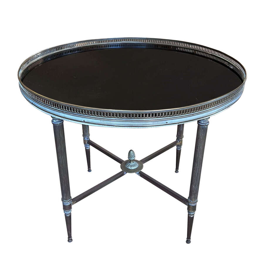 Maison Jansen Style Round Brass Side Table With Black Glass, French 1960s