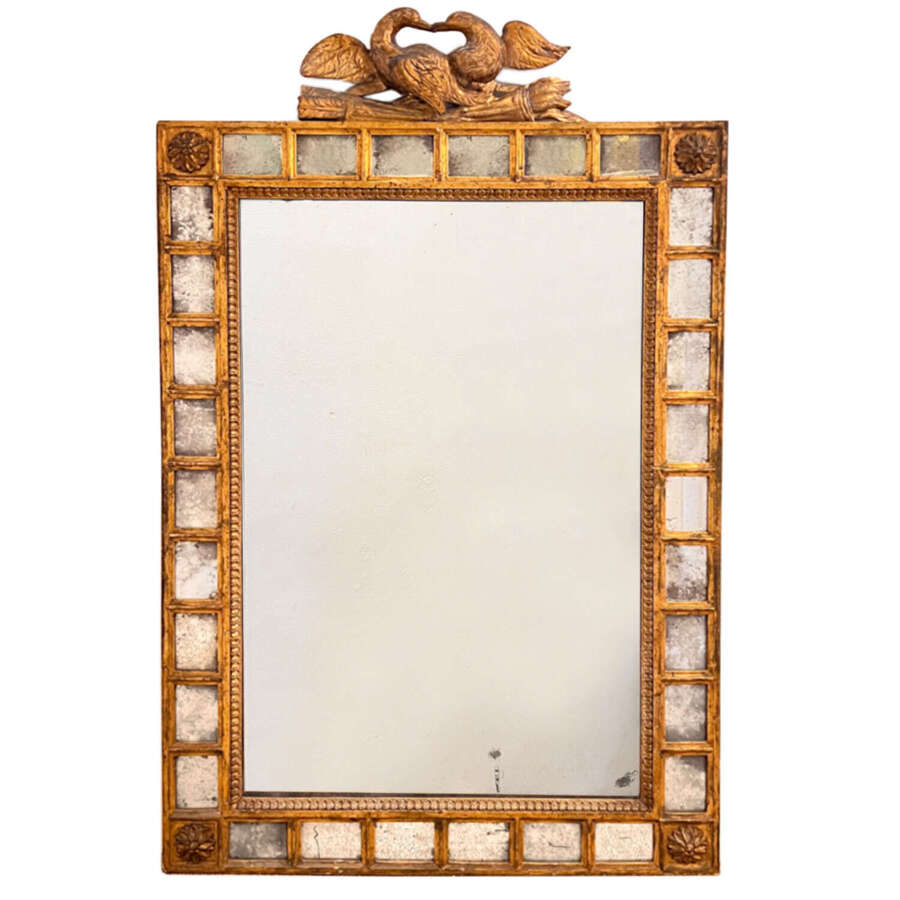 French 19th Century Giltwood Wall Mirror With A Pair of Doves On The Crest, Mercury Glass