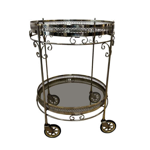 French Midcentury Two Tier Brass Bar Cart With Silver Finish