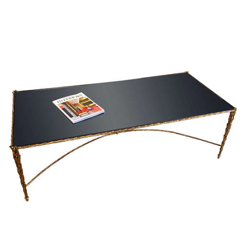 Midcentury French Brass and Glass Coffee Table, Brass and Mirrored Glass, Baguès Style