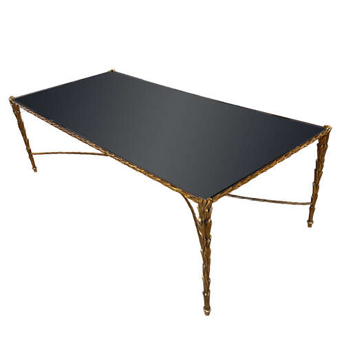 Midcentury French Brass and Glass Coffee Table, Brass and Mirrored Glass, Baguès Style