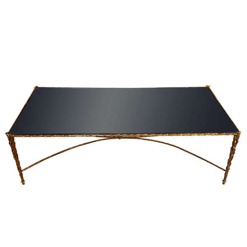 Midcentury French Brass and Glass Coffee Table, Brass and Mirrored Glass, Baguès Style