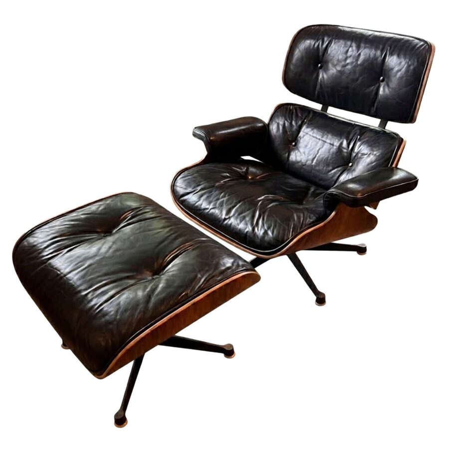 1970s Eames Lounge Chair and Ottoman, by Mobiliere International, Black Leather