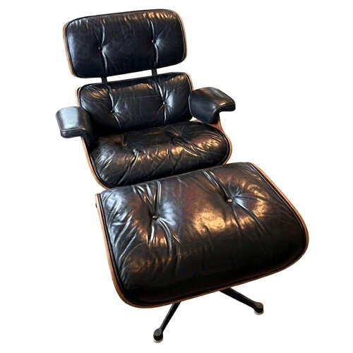 1970s Eames Lounge Chair and Ottoman, by Mobiliere International, Black Leather