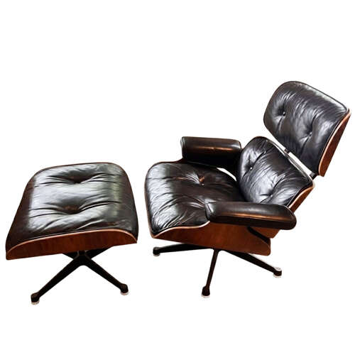 1970s Eames Lounge Chair and Ottoman, by Mobiliere International, Black Leather