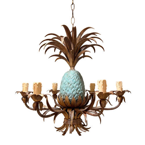 French 1950s Verdigris Pineapple Chandelier With Six Arms