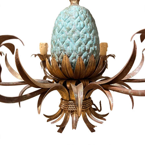French 1950s Verdigris Pineapple Chandelier With Six Arms