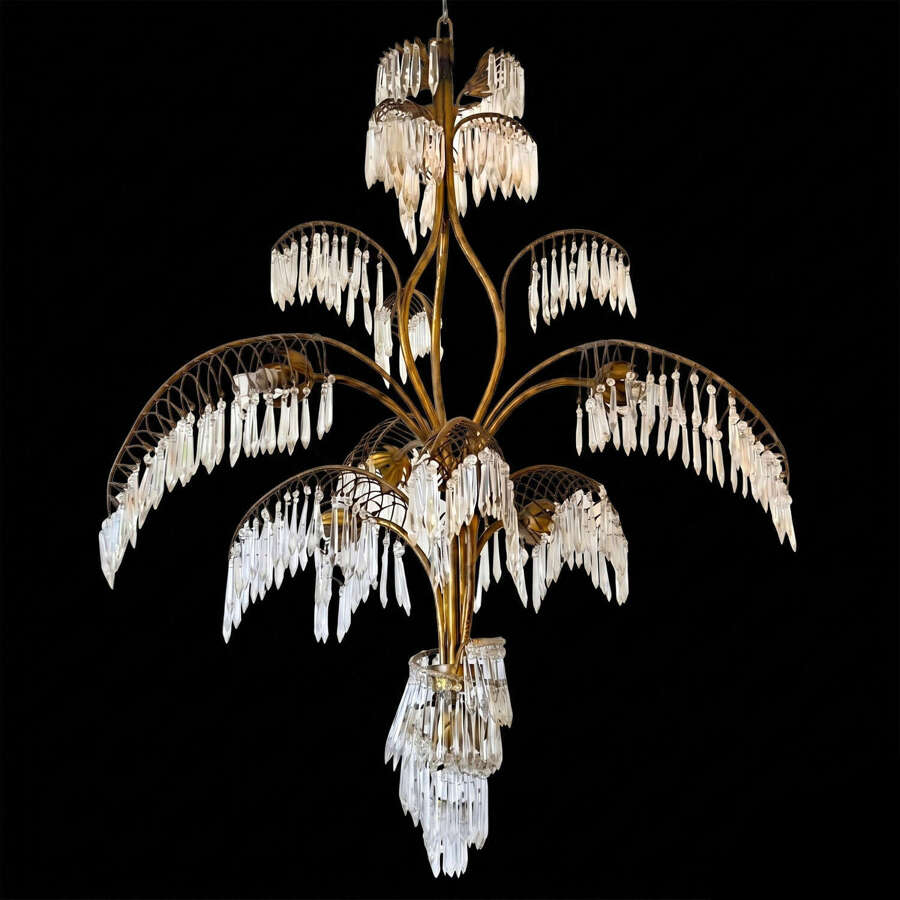 French 1950s Palm Chandelier, Brass and Glass with Seven Lights