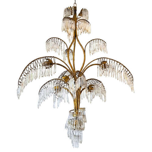 French 1950s Palm Chandelier, Brass and Glass with Seven Lights