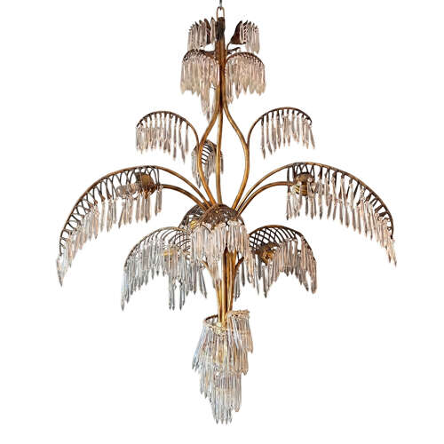 French 1950s Palm Chandelier, Brass and Glass with Seven Lights