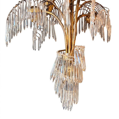 French 1950s Palm Chandelier, Brass and Glass with Seven Lights