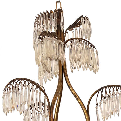 French 1950s Palm Chandelier, Brass and Glass with Seven Lights