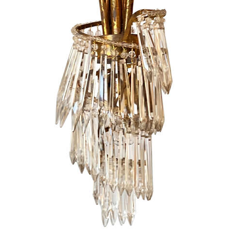 French 1950s Palm Chandelier, Brass and Glass with Seven Lights