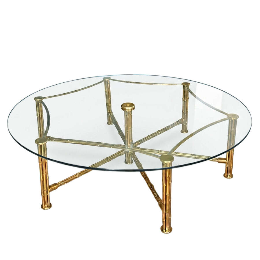 French Midcentury Very Large Coffee Table - Solid Brass Faux Bamboo with a Clear Glass Top