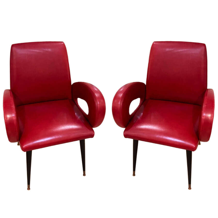 Pair of 1950s Italian Red Leather Arm / Bridge Chairs